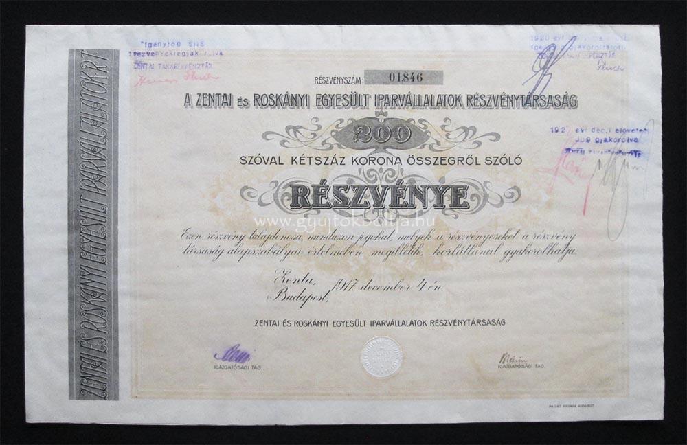 Zentai és Roskányi Iparvállalatok 200 korona 1917 (SRB-ROU)